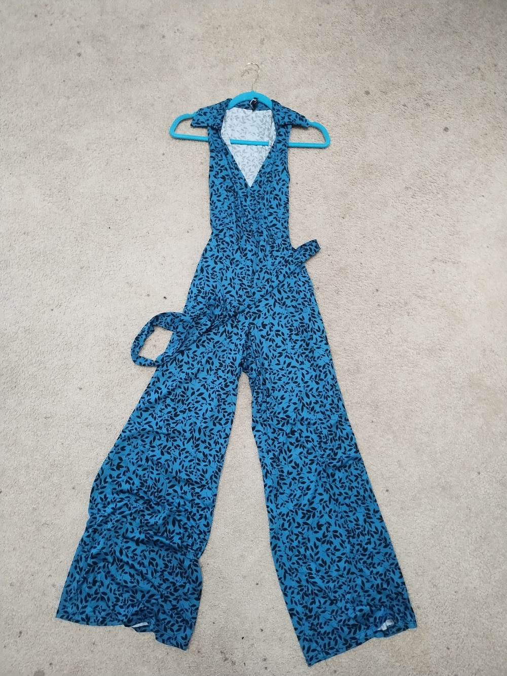 Nina Leonard Teal Leaf-Print Wide-Leg Jumpsuit